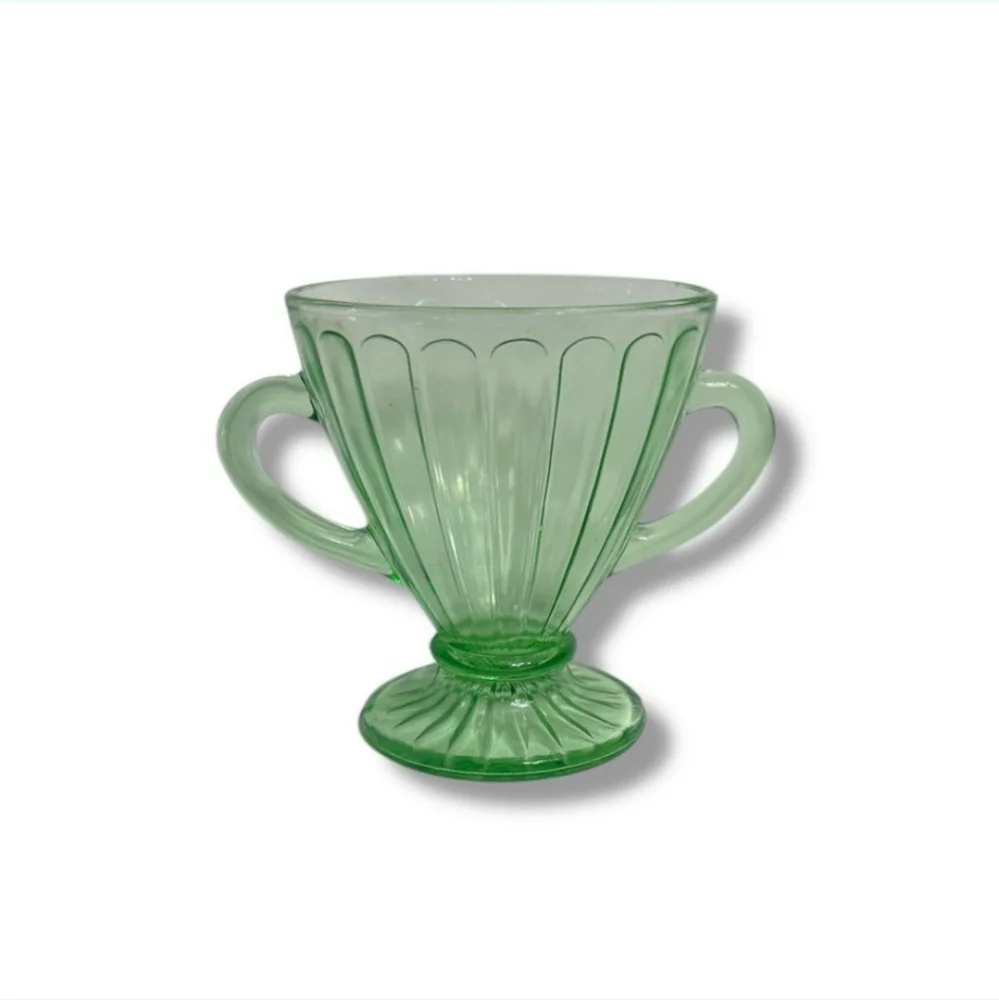 HAZEL ATLAS Green Vaseline Uranium Glass Double Handle Sugar Dish Ribbon Design
